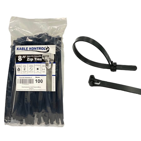Kable Kontrol Cable Tie, 8 in L, 1-3/4 in Max Bundle Dia., Black, Nylon 6/6, 50 lb Strength, 100 PK CTR800BLK
